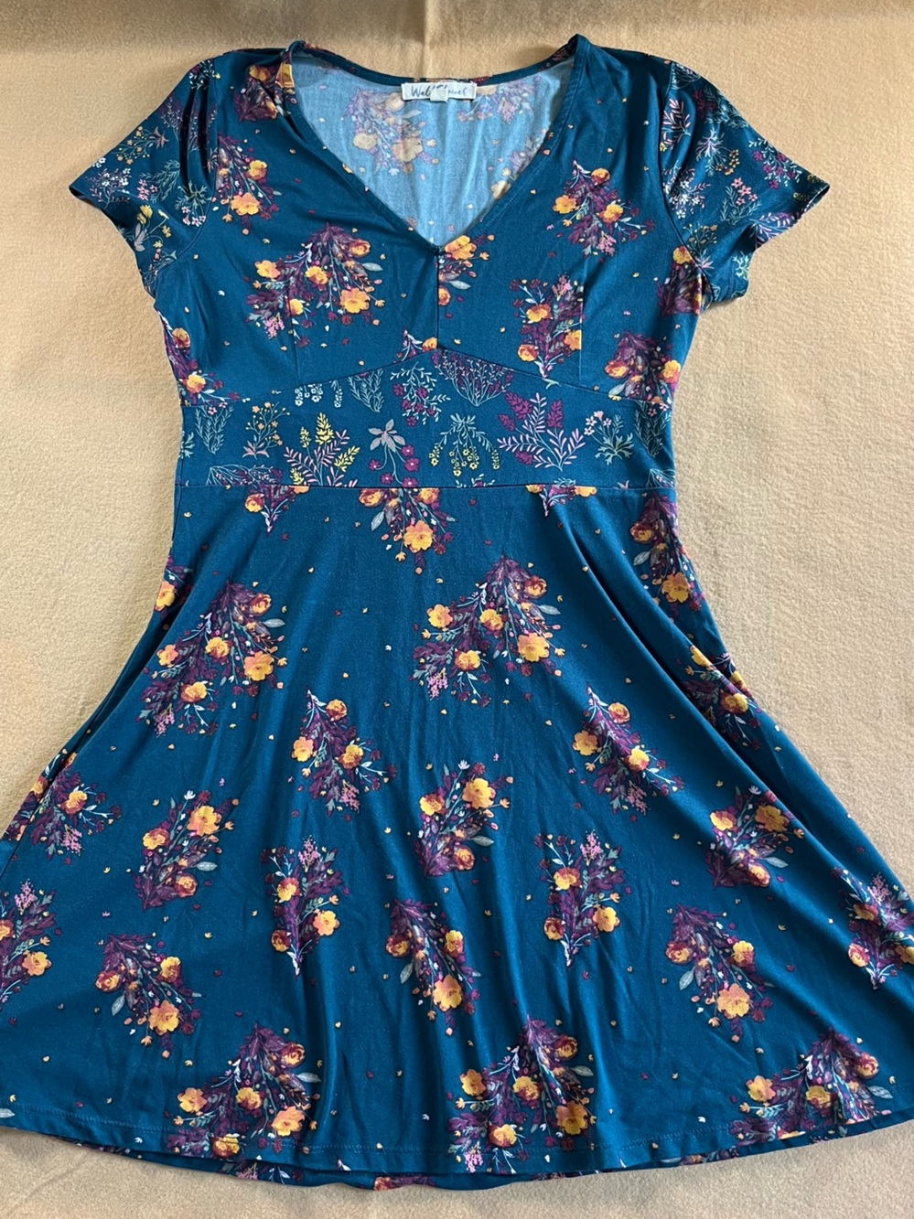 Wildflower Women’s Floral Mini Dress Size L Blue Boho Ruffle 100% Rayon
